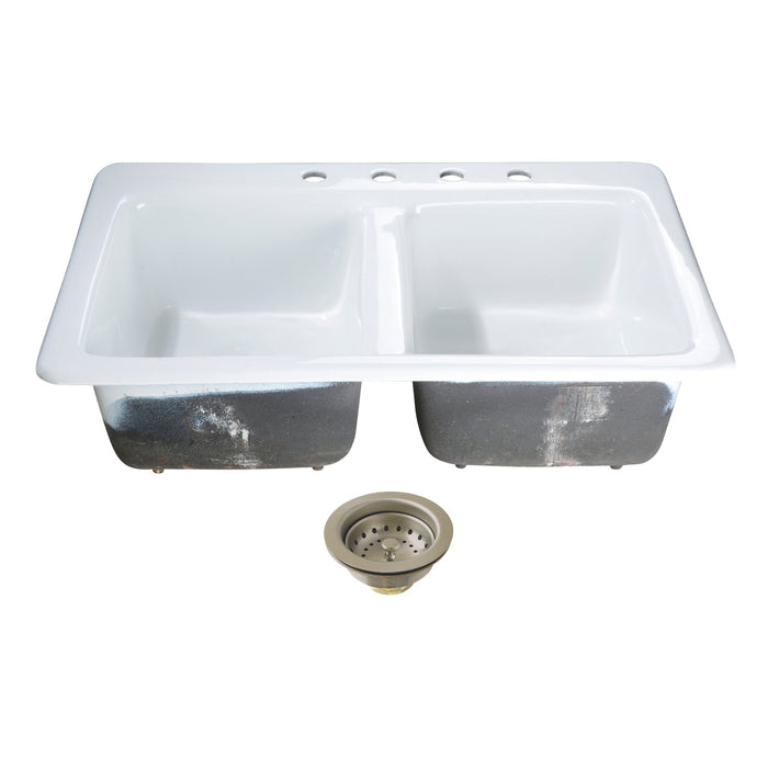 Kingston Brass KGT33229D48 Petra Galley 33" Cast Iron Self-Rimming Double Bowl Drop-In Kitchen Sink (4-Hole) with Basket Strainers x 2, White/Brushed Nickel