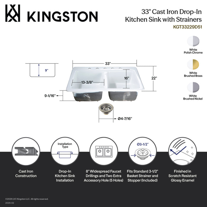 Kingston Brass KGT33229D51 Petra Galley 33" Cast Iron Self-Rimming Double Bowl Drop-In Kitchen Sink (5-Hole) with Basket Strainers x 2, White/Polished Chrome