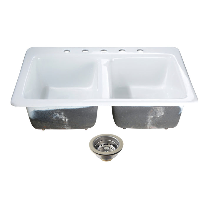 Kingston Brass KGT33229D51 Petra Galley 33" Cast Iron Self-Rimming Double Bowl Drop-In Kitchen Sink (5-Hole) with Basket Strainers x 2, White/Polished Chrome