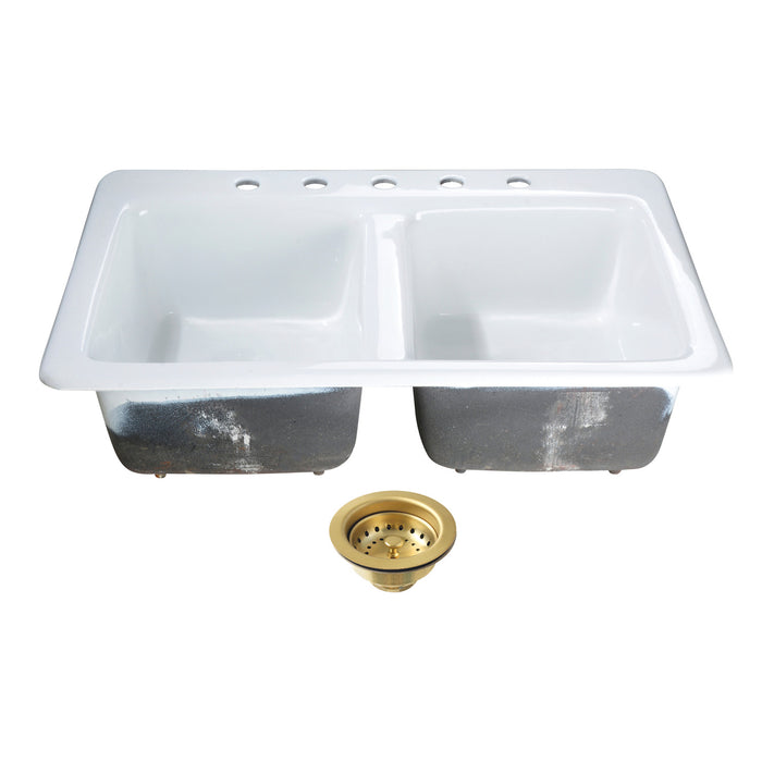 Kingston Brass KGT33229D57 Petra Galley 33" Cast Iron Self-Rimming Double Bowl Drop-In Kitchen Sink (5-Hole) with Basket Strainers x 2, White/Brushed Brass