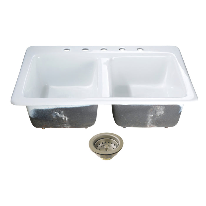 Kingston Brass KGT33229D58 Petra Galley 33" Cast Iron Self-Rimming Double Bowl Drop-In Kitchen Sink (5-Hole) with Basket Strainers x 2, White/Brushed Nickel