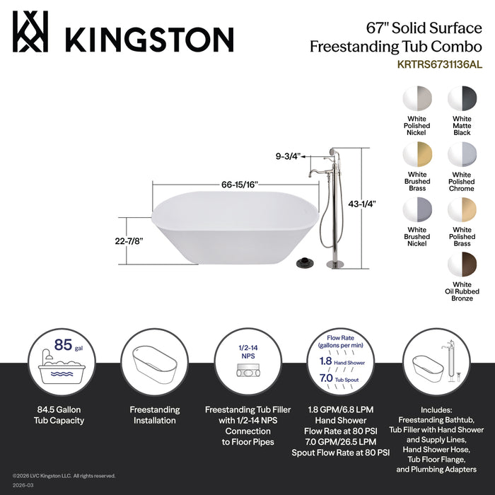 Kingston Brass KRTRS6731130AL 67" Solid Surface Oval Double Ended Freestanding Tub with Faucet Combo and Drain, Matte Black