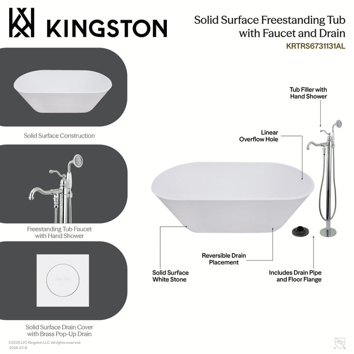 Kingston Brass KRTRS6731137AL 67" Solid Surface Oval Double Ended Freestanding Tub with Faucet Combo and Drain, Brushed Brass