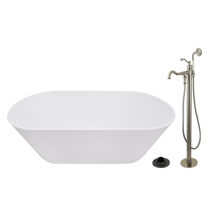 Kingston Brass KRTRS6731138AL 67" Solid Surface Oval Double Ended Freestanding Tub with Faucet Combo and Drain, Brushed Nickel