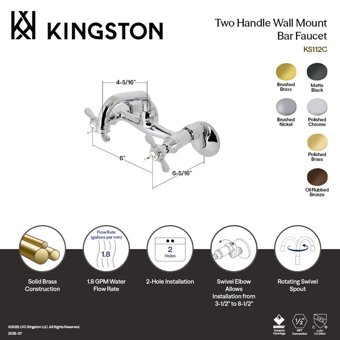Kingston Brass KS112PB Kingston Double-Handle Wall Mount Bar Faucet, Polished Brass