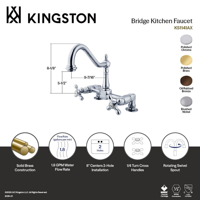 Kingston KS1142AX Heritage Bridge Kitchen Faucet, Polished Brass