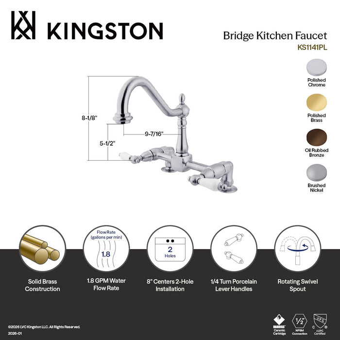 Kingston KS1142PL Heritage Bridge Kitchen Faucet, Polished Brass