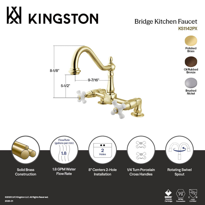 Kingston KS1142PX Heritage Bridge Kitchen Faucet, Polished Brass