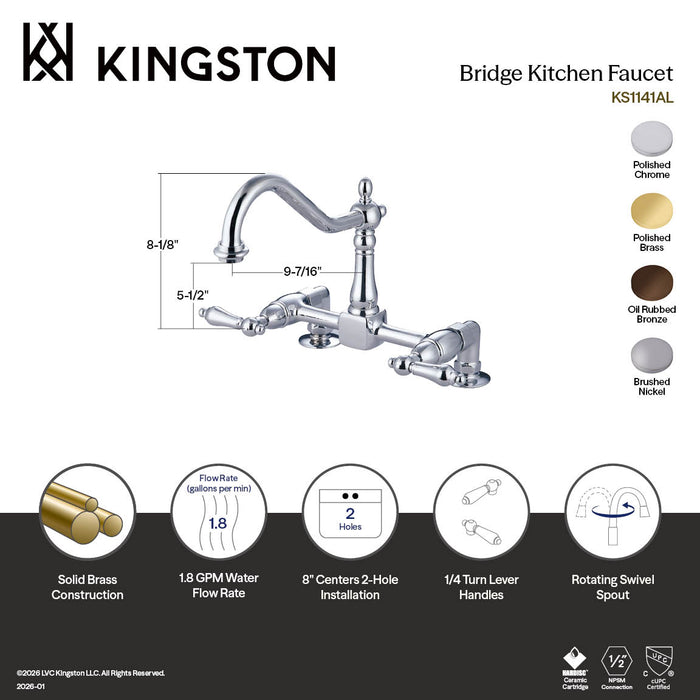 Kingston KS1148AL Heritage Bridge Kitchen Faucet, Brushed Nickel