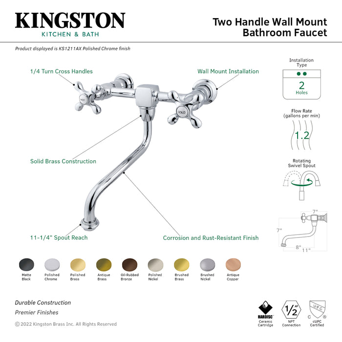 Kingston Brass KS1215AX Heritage Double-Handle Wall Mount Bathroom Faucet, Oil Rubbed Bronze