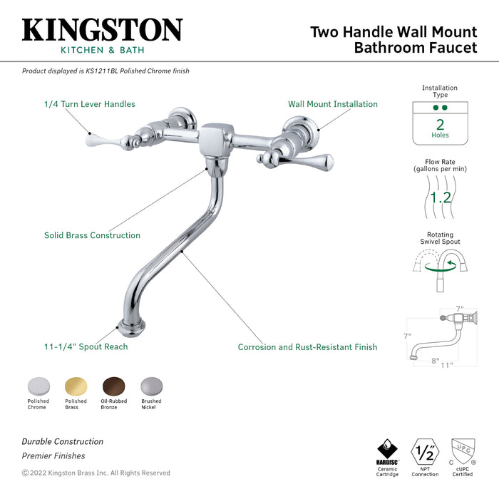 Kingston Brass KS1215BL Heritage Double-Handle Wall Mount Bathroom Faucet, Oil Rubbed Bronze