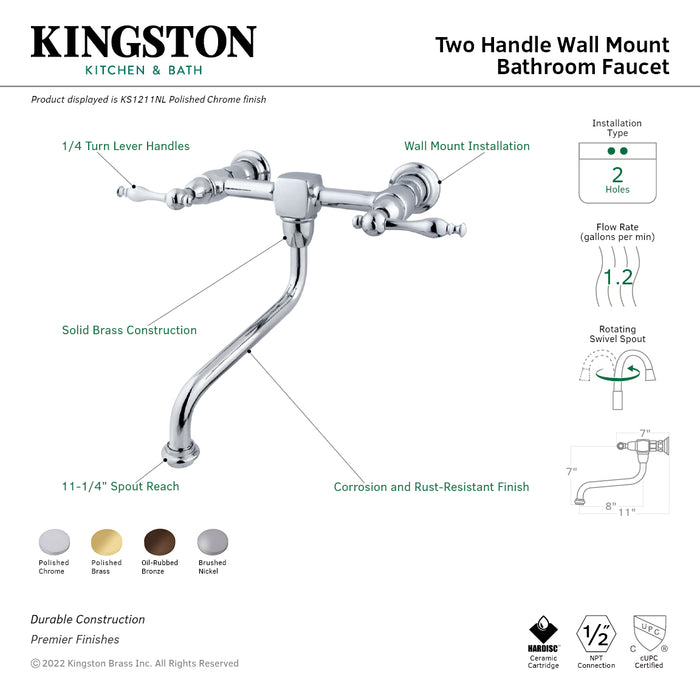 Kingston Brass KS1215NL Heritage Double-Handle Wall Mount Bathroom Faucet, Oil Rubbed Bronze