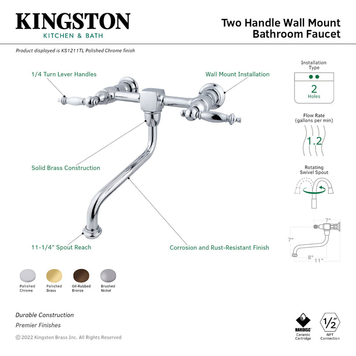 Kingston Brass KS1215TL Heritage Double-Handle Wall Mount Bathroom Faucet, Oil Rubbed Bronze