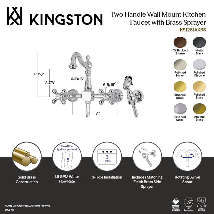 Kingston KS1265AXBS Heritage Two-Handle Wall Mount Bridge Kitchen Faucet with Brass Sprayer, Oil Rubbed Bronze