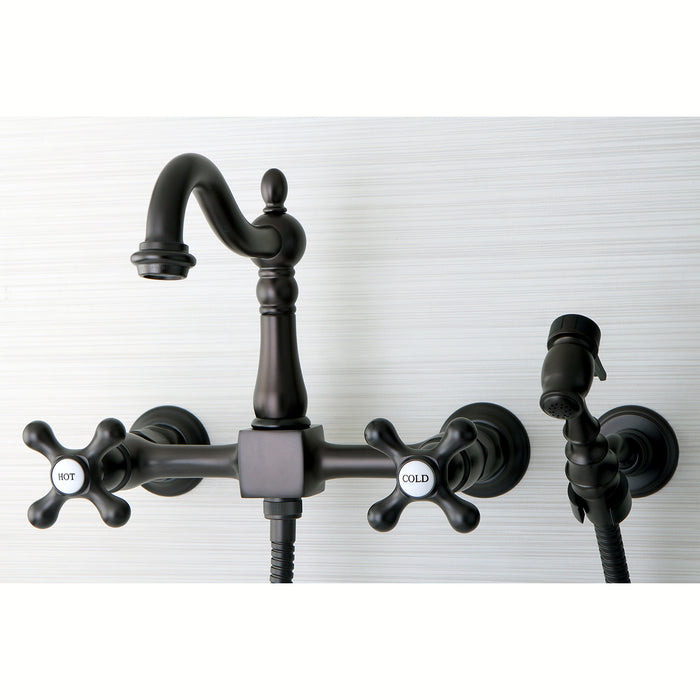 Kingston Brass KS1265AXBS Heritage Double-Handle Wall-Mount Bridge Kitchen Faucet with Brass Sprayer, Oil Rubbed Bronze