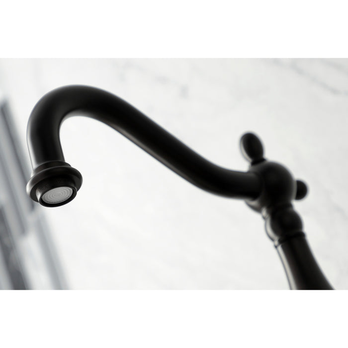 Kingston Brass KS1265AXBS Heritage Double-Handle Wall-Mount Bridge Kitchen Faucet with Brass Sprayer, Oil Rubbed Bronze
