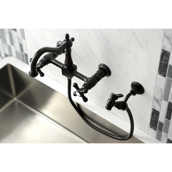 Kingston Brass KS1265AXBS Heritage Double-Handle Wall-Mount Bridge Kitchen Faucet with Brass Sprayer, Oil Rubbed Bronze