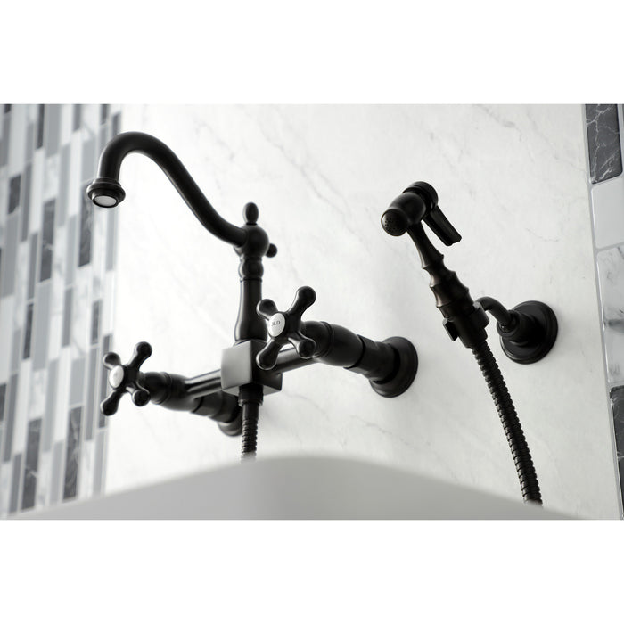 Kingston Brass KS1265AXBS Heritage Double-Handle Wall-Mount Bridge Kitchen Faucet with Brass Sprayer, Oil Rubbed Bronze