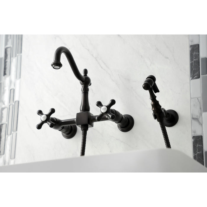 Kingston Brass KS1265AXBS Heritage Double-Handle Wall-Mount Bridge Kitchen Faucet with Brass Sprayer, Oil Rubbed Bronze