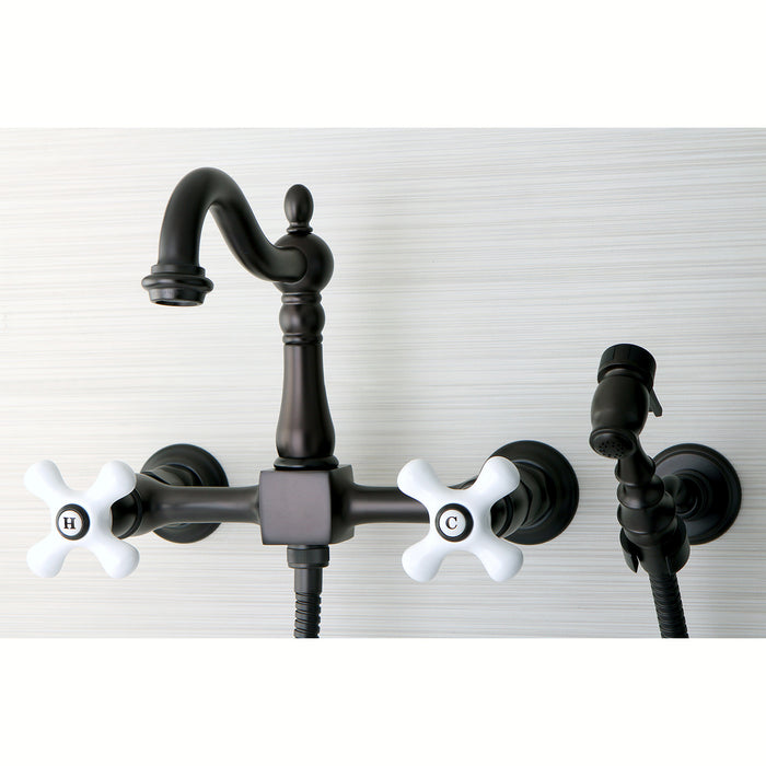 Kingston Brass KS1265PXBS Heritage Wall Mount Bridge Kitchen Faucet with Brass Sprayer, Oil Rubbed Bronze