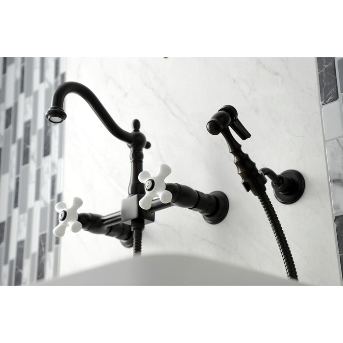 Kingston Brass KS1265PXBS Heritage Wall Mount Bridge Kitchen Faucet with Brass Sprayer, Oil Rubbed Bronze