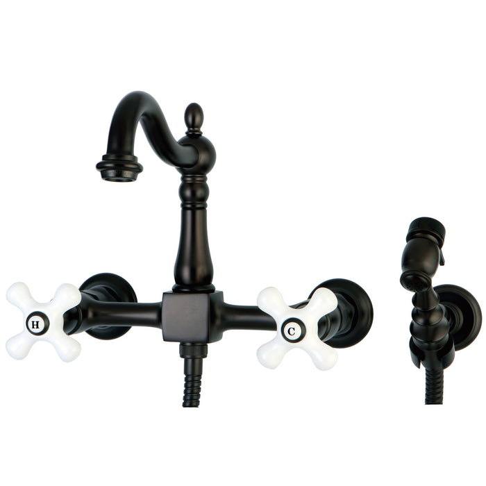 Kingston Brass KS1265PXBS Heritage Wall Mount Bridge Kitchen Faucet with Brass Sprayer, Oil Rubbed Bronze