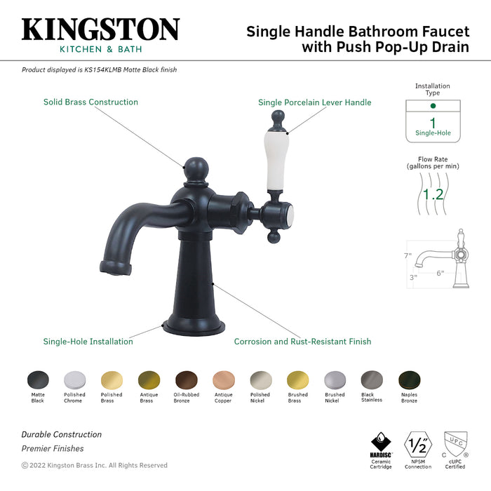 Kingston Brass KS154KLNB Nautical One-Handle Single-Hole Bathroom Faucet with Push Pop-Up Drain, Naples Bronze