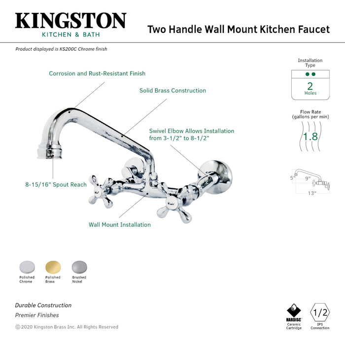 Kingston Brass KS200C Kingston Double-Handle Wall-Mount Bridge Kitchen Faucet, Polished Chrome