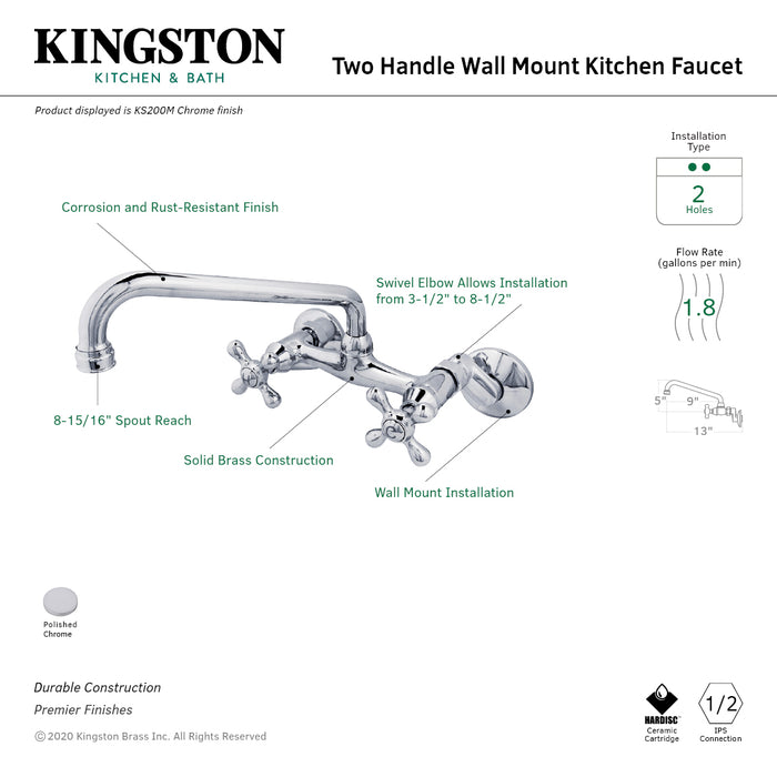 Kingston Brass KS200M  Double-Handle Wall-Mount Bridge Kitchen Faucet, Polished Chrome