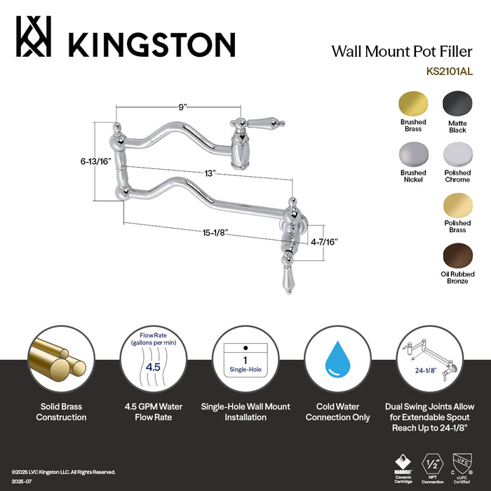 Kingston Brass KS2105AL Heritage Wall Mount Pot Filler Faucet, Oil Rubbed Bronze