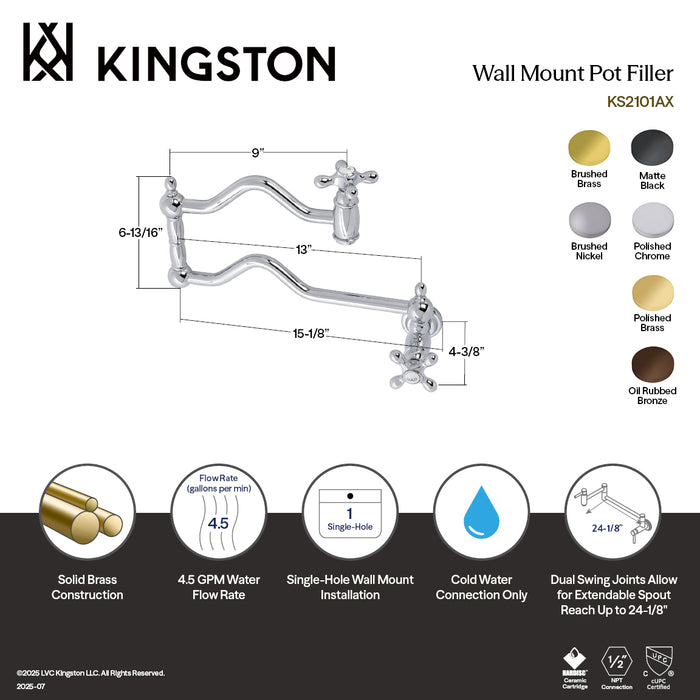 Kingston Brass KS2105AX Heritage Wall Mount Pot Filler Faucet, Oil Rubbed Bronze