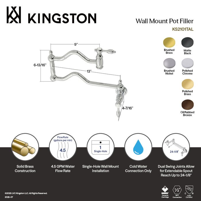 Kingston Brass KS2105TAL Tudor Wall Mount Pot Filler Faucet, Oil Rubbed Bronze