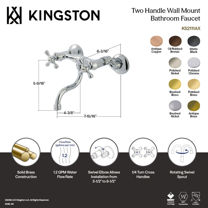 Kingston Brass KS2112AX Kingston Double-Handle Wall Mount Bathroom Faucet, Polished Brass