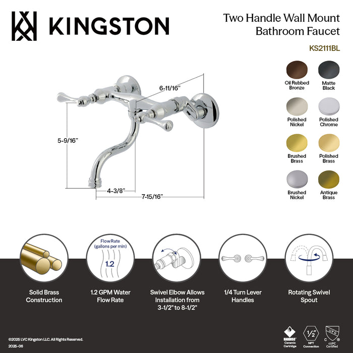Kingston Brass KS2112BL Kingston Double-Handle Wall Mount Bathroom Faucet, Polished Brass