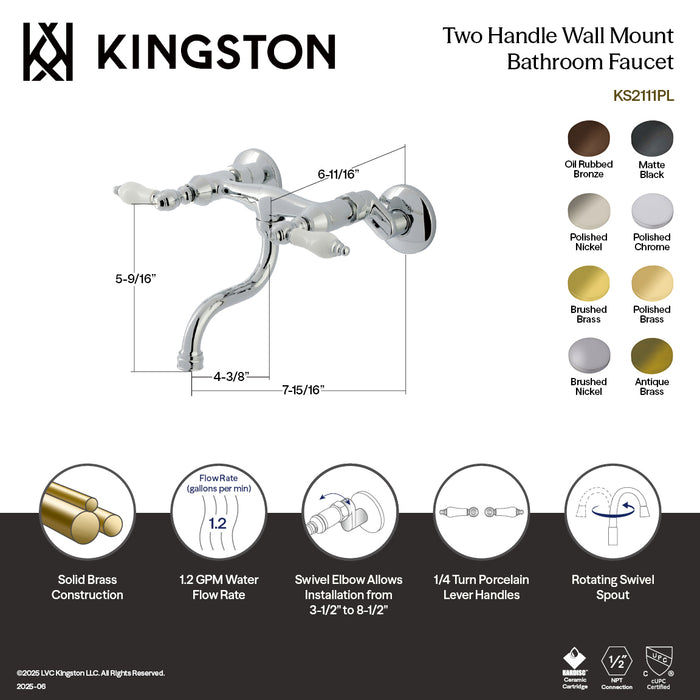 Kingston Brass KS2112PL Kingston Double-Handle Wall Mount Bathroom Faucet, Polished Brass