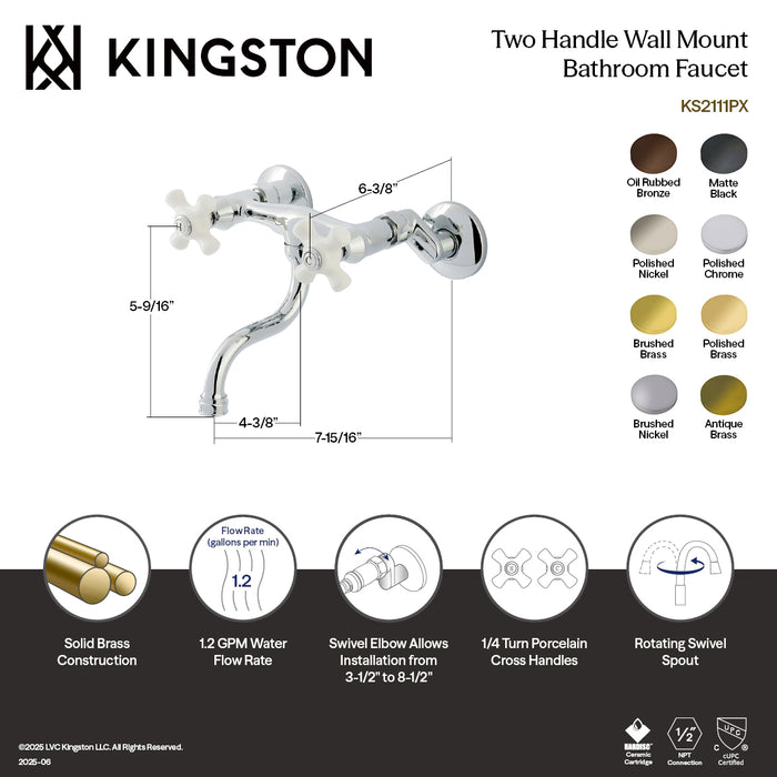 Kingston Brass KS2112PX Kingston Double-Handle Wall Mount Bathroom Faucet, Polished Brass