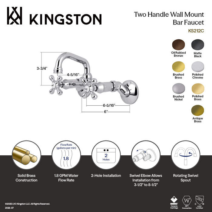 Kingston Brass KS212PB Kingston Double-Handle Wall Mount Bar Faucet, Polished Brass