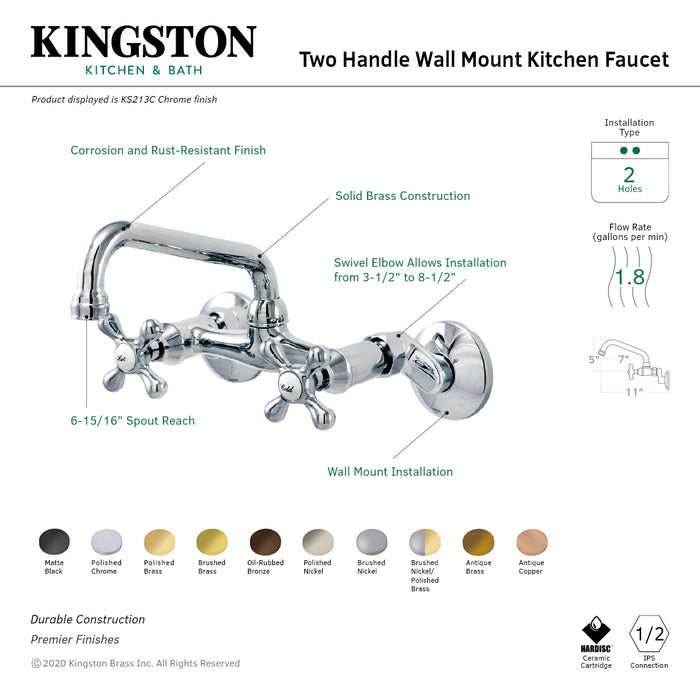 Kingston Brass KS213PB Kingston Double-Handle Wall-Mount Bridge Kitchen Faucet, Polished Brass