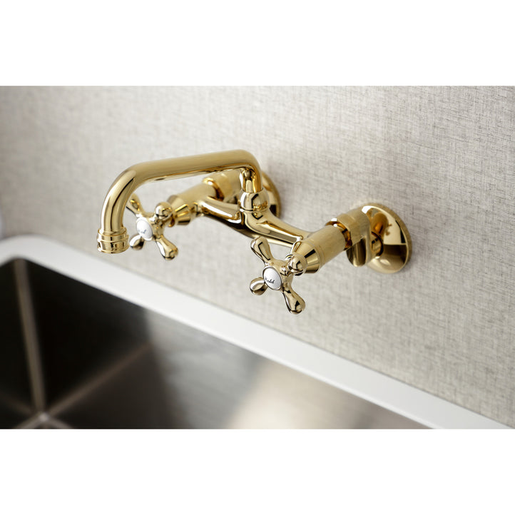 Kingston Brass KS213PB Kingston Double-Handle Wall-Mount Bridge Kitchen Faucet, Polished Brass