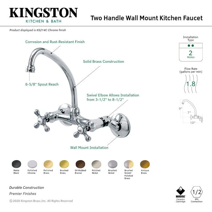 Kingston Brass KS214SNPB Kingston Double-Handle Wall-Mount Bridge Kitchen Faucet, Brushed Nickel/Polished Brass