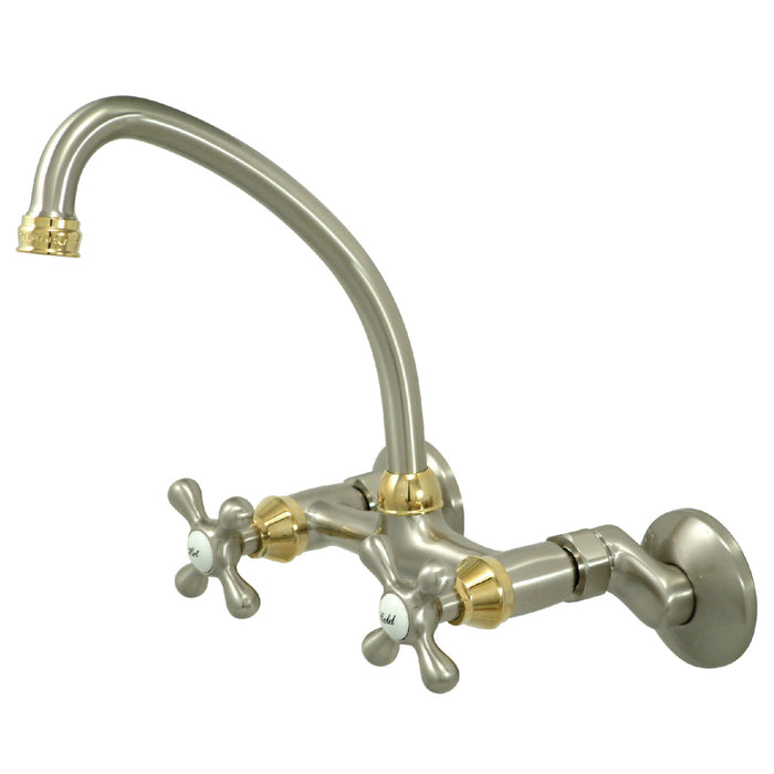 Kingston Brass KS214SNPB Kingston Double-Handle Wall-Mount Bridge Kitchen Faucet, Brushed Nickel/Polished Brass