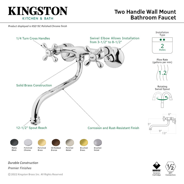 Kingston Brass KS215PB Kingston Adjustable Center Wall Mount Bathroom Faucet, Polished Brass