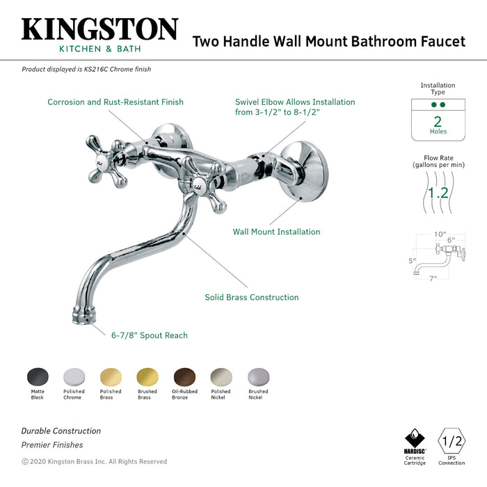 Kingston Brass KS216PB Kingston Adjustable Center Wall Mount Bathroom Faucet, Polished Brass