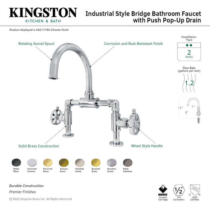 Kingston Brass KS217RXVN Belknap Industrial Style Wheel Handle Bridge Bathroom Faucet with Pop-Up Drain, Black Stainless