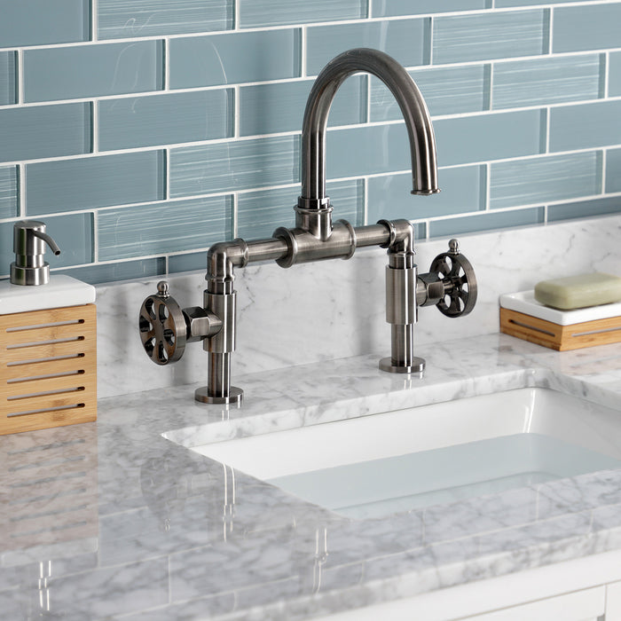 Kingston Brass KS217RXVN Belknap Industrial Style Wheel Handle Bridge Bathroom Faucet with Pop-Up Drain, Black Stainless
