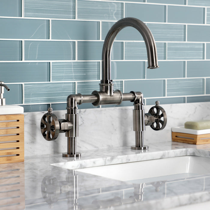 Kingston Brass KS217RXVN Belknap Industrial Style Wheel Handle Bridge Bathroom Faucet with Pop-Up Drain, Black Stainless
