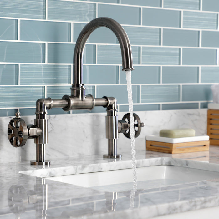 Kingston Brass KS217RXVN Belknap Industrial Style Wheel Handle Bridge Bathroom Faucet with Pop-Up Drain, Black Stainless