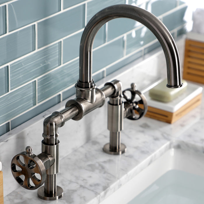 Kingston Brass KS217RXVN Belknap Industrial Style Wheel Handle Bridge Bathroom Faucet with Pop-Up Drain, Black Stainless