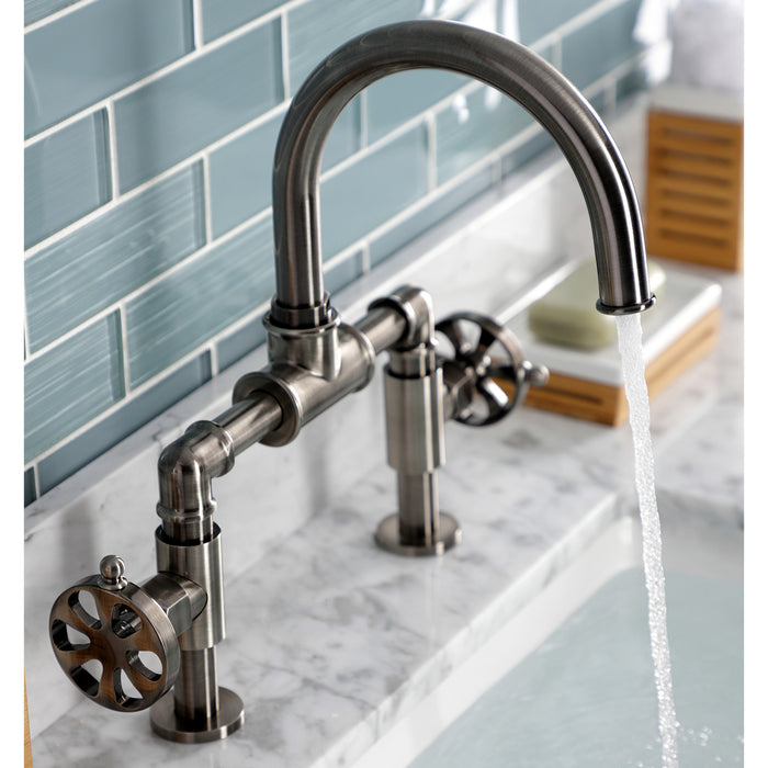 Kingston Brass KS217RXVN Belknap Industrial Style Wheel Handle Bridge Bathroom Faucet with Pop-Up Drain, Black Stainless