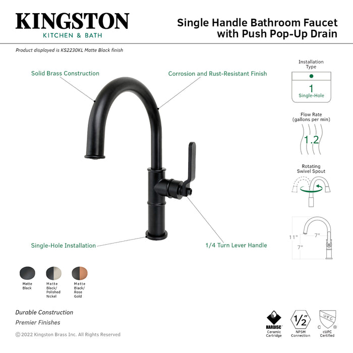 Kingston Brass KS2236KL Whitaker One-Handle Single-Hole Bathroom Faucet with Push Pop-Up Drain, Matte Black/Polished Nickel
